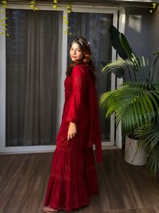 Designer Thread Embroidery Work Rayon <b>Kurti</b> With Double Layer Sharara Bottom And Thread Embroidery Work Georgette Dupatta Set - Product Image 2