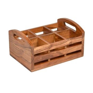 Rustic Slanted Slatted Wood Cutlery Caddy with Black Metal Handles 4 Section Tabletop Utensil Organizer for Indoor Outdoor Use - Product Image 2