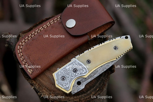 UA Supplies Industrial Grade Damascus Steel Folding <b>Knife</b> Clip Point Blade Thumb Knob Other <b>Handle</b> 7.5 Inches Overall Length - Product Image 5