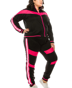 Conjunto deportivo de 2 piezas para mujer, con rayas reflectantes de neón, ecológico, informal, de color liso, con sudadera de manga larga con cremallera y pantalones tipo jogger. - Product Image 2