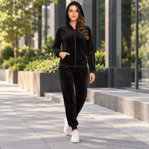 Ensemble de survêtement en velours pour femmes, 2 pièces, jogging, vêtements de sport à capuche, logo personnalisé - Product Image 1