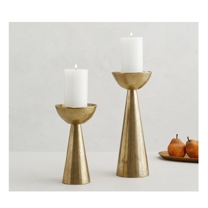 Gold Pillar Candle Holder Set of 3 <b>Brushed</b> Brass Conical Candle Stands Minimalist Taper Pillar Pedestals for Dining Table Decor - Product Image 2