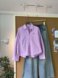 L1151059 Women's Embroidered <b>Pumpkin</b> Khaki Crop Shirt Long Sleeve Turn-Down Collar Loose Fit Casual <b>Top</b> - Product Image 4
