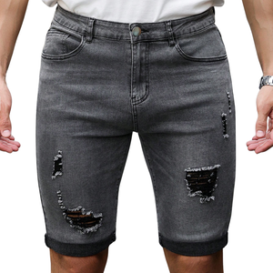 Pantalones Cortos de Mezclilla Grises Rotos para Hombre, Ajuste Delgado Casual, de Algodón, Cintura Media, Secado Rápido, Transpirables, Estilo Vintage Lavado, Ropa Urbana de Verano, Hasta la Rodilla - Product Image 1