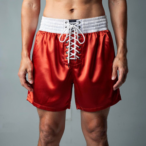 Men's Red Boxing Shorts With White <b>Lace</b>-Up Front And <b>Elastic</b> Waistband Durable Polyester Sportwear - Product Image 1