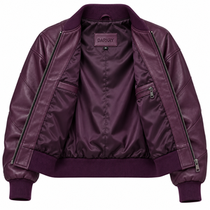 Blouson Bomber en Cuir Viné Profond pour Femme, Coupe Oversize, avec Coutures Géométriques, Manteau en Peau de Mouton Violet Prune, Vêtements Personnalisés, Vente en Gros B2B, Usine de Confection - Product Image 5