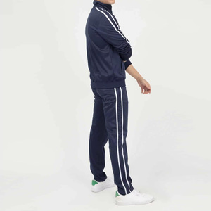 Men's Navy Blue <b>Tracksuit</b> Full Zip Sweatshirt and Pants Set with White Side Stripes Breathable <b>Polyester</b> Sporty Style - Product Image 2