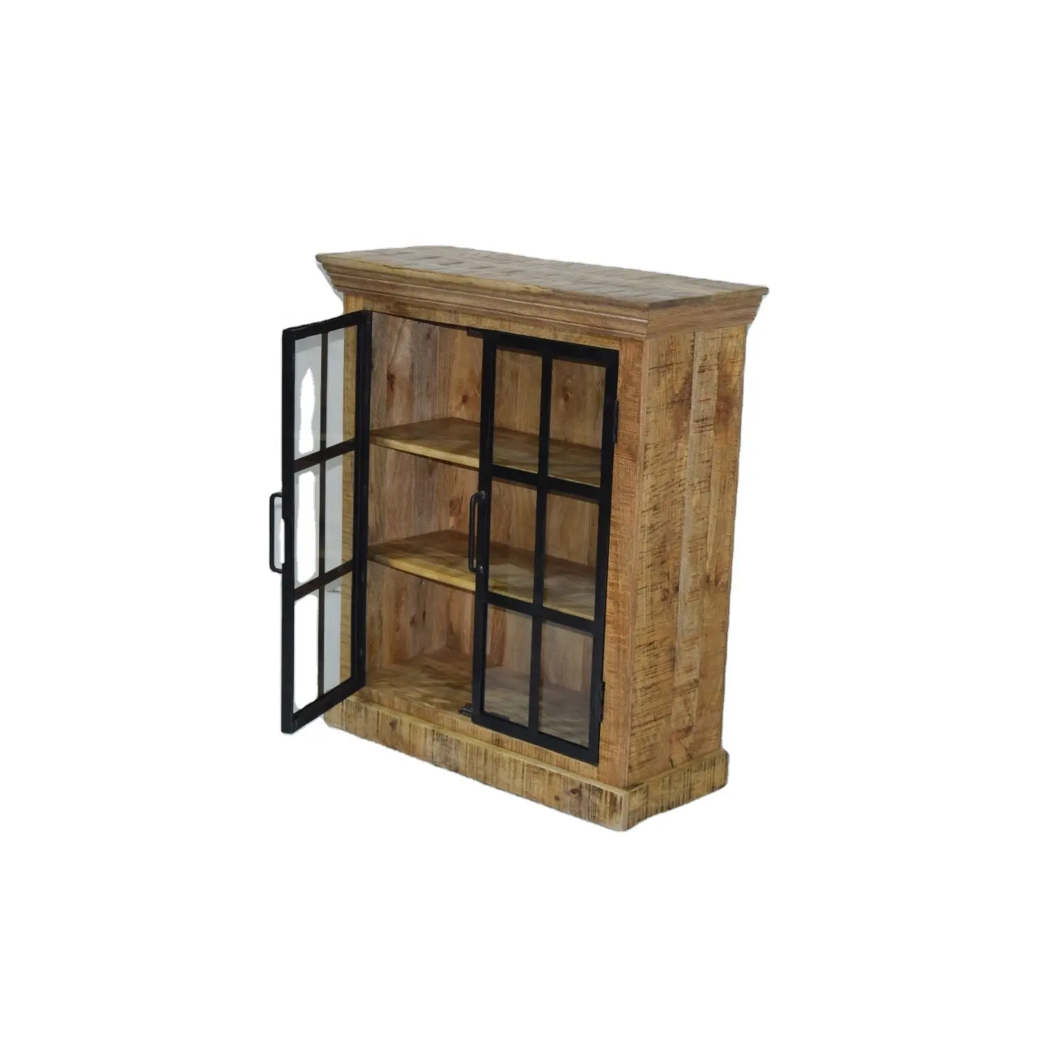 Solid Mango Wooden Glass Door Storage Shelf Mid Size Industrial Vintage Indian Living Room Cabinet