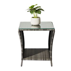 Tavolino Quadrato in Vimini per Patio con Piano in Vetro e Ripiano Portaoggetti per Giardino Esterno - Product Image 1