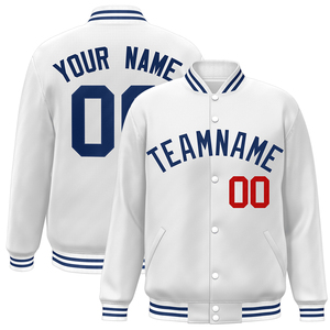 Chaqueta Varsity Personalizada para Hombre, Blanca con Letras Azules y Rojas, Estilo Preppy, Cierre de Botones, Corte Regular, para Otoño - Product Image 3