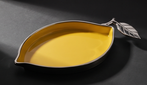 Plateau de service en métal de luxe en forme de citron, émail jaune, plat décoratif pour fruits avec poignée en feuille d'argent, organisateur de bijoux de table - Product Image 3