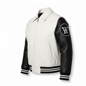 Blouson universitaire en cuir véritable blanc de qualité supérieure pour homme, avec broderie personnalisée sur le devant et le dos, style streetwear, blouson bomber bicolore, veste de motard - Product Image 3