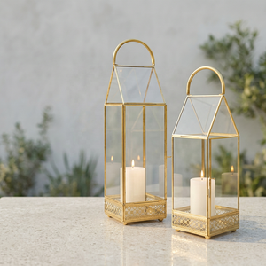 Golden Brass <b>Hurricane</b> Candle Holder with Glass Panels and Decorative Base Handmade Modern Design for Home Decoration - Product Image 2