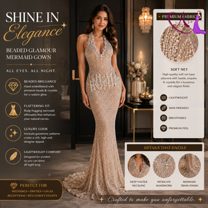 Vestido de noche con cuello halter y cuentas color champán para mujer |   Vestido de fiesta largo sin mangas estilo sirena |   Diseño Formal Hecho a Mano - Product Image 6