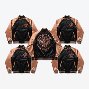 Wholesale Supplier Maroon Satin Varsity Jacket Custom Embroidered <b>Cream</b> Raglan Sleeve Zip Up <b>Strawberry</b> Guild Baseball Coat - Product Image 2