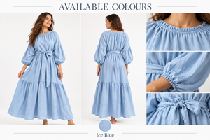 Womens Powder Blue Ankle Length <b>Casual</b> Simple Voluminous Sleeves Belted Waist Flowy <b>Long</b> <b>Dress</b> OEM Manufacturer - Product Image 4