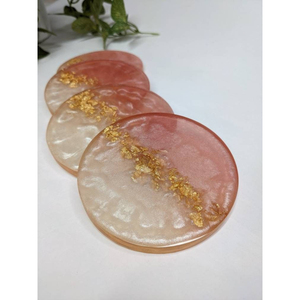 Handmade Round <b>Epoxy</b> <b>Resin</b> Coaster Set Of 4 With Gold Leaf Accents Heat-Resistant Pink And White Marble Drink Coasters For Home - Product Image 1