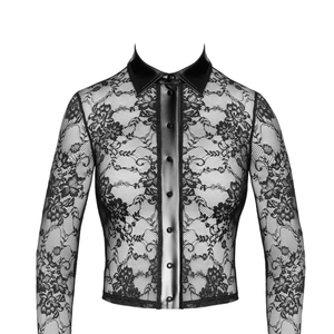 Body de encaje negro transparente para mujer, top corto de manga larga con puños y cuello de cuero PU, lencería sexy - Product Image 3