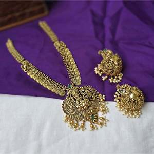 Antique Gold Plated 24K Temple Jewelry Necklace Set for Bridal Daily Wear - Product Image 3