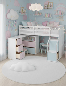 Cama Alta de Lujo, Cama Alta Doble para Niños con Escritorio, Escalones de Almacenamiento y Portátil - Product Image 1