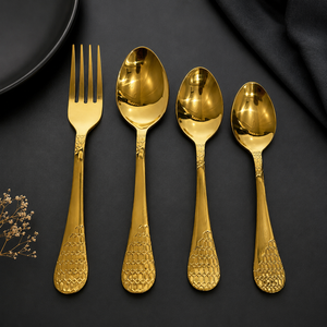 Ensemble de couverts de luxe en acier inoxydable PVD doré avec poignée nid d'abeille, finition miroir, design moderne, portable, compatible lave-vaisselle - Product Image 1