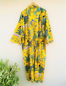 Robe kimono bohème à imprimé safari 100% coton, col en V, manches trois quarts, coupe ample, robe longue, robe de chambre d'été respirante - Product Image 5