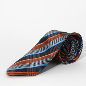 Corbata clásica a rayas para hombre con patrones naranja, azul y gris para uso diario, 100% poliéster, impresión por transferencia de calor. - Product Image 3