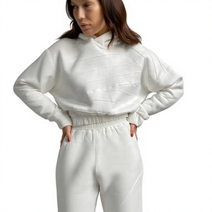 <b>Women's</b> White Winter 2-<b>Piece</b> Hooded Tracksuit Set Full Length Cotton Casual Sweatpants Regular Fit Solid Color Sportswear - Product Image 6