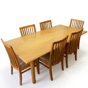 Solid Teak Wood <b>Dining</b> Table <b>Set</b> <b>6</b> Slat Back <b>Chairs</b> Rectangular Modern Minimalist Kitchen Furniture Cushioned Seating Suite - Product Image 1