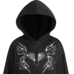 Women's <b>Red</b> Hooded Zip-Up Rhinestone <b>Hoodies</b> Fleece Casual Full Sleeve Letter Print Autumn Rhinestone Hoodie - Product Image 4