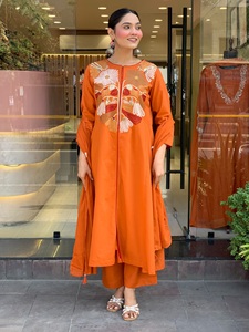 Women Stylish Orange <b>Silk</b> Salwar Kameez Embroidery Regular Fit Casual Wedding Diwali Sun Protection Quick Dry <b>Kurta</b> Set - Product Image 1