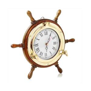 Reloj de Pared con Forma de Timón de Barco de Madera y Latón, Decoración Náutica para el Hogar u Oficina - Product Image 2