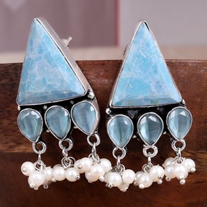 Oxidized <b>Silver</b> Brass Bezel Setting Bohemian Ethnic Flower Onyx <b>Dangle</b> <b>Earrings</b> with Pearl Drops Women Engagement From Rajasthan - Product Image 5