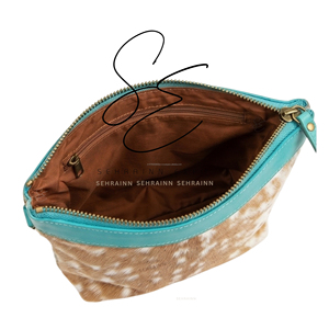 Turquoise Leather Crossbody <b>Bag</b> with Real Fur Zipper Closure Boho Fashion Tooled Strap Daily Use Purse <b>Mini</b> Shoulder <b>Bag</b> - Product Image 5