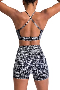 Women's Yoga Outfit Activewear 2 Piece Workout Gym <b>Cross</b> Strap Crop <b>Top</b> High Waist Shorts Sublimated Bra Short Set - Product Image 2