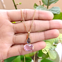Collar de cadena de latón chapado en oro de 18k con colgante de piedras preciosas de cuarzo azul de Londres y cuarzo rosa, joyería de doble piedra de gran venta.