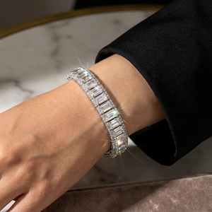 Pulsera de tenis RCK Global con diamantes talla baguette, chapada en oro blanco de 14K sobre plata de ley 925, estilo vintage, unisex, ideal para regalo. - Product Image 6