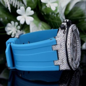 Iced Out Moissanite Quartz <b>Watch</b> Stainless Steel Chronograph Analog Dial Rubber Strap Diamond Look Business Party - Product Image 5