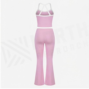 North Approach 2 Piece Yoga Set Pink Racerback Crop Top High Waist Full Length <b>Flared</b> <b>Leggings</b> Breathable Sportswear - Product Image 2