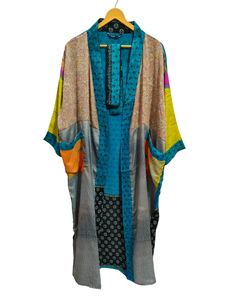 Robe kimono en soie pure, patchwork, pour couvrir le bikini, vêtement de nuit, longue robe, kimono indien vintage en soie recyclée, fait main - Product Image 5