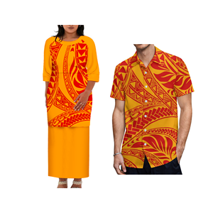 Conjunto a juego Puletasi Samoano de talla grande personalizado: Vestido largo para mujer y camisa de manga corta para hombre con estampado floral, ropa casual de verano - Product Image 3