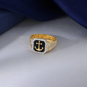 <b>Black</b> Enamel Anchor Design Lab Diamond Gold Signet <b>Ring</b> - Product Image 4