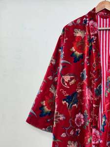Robe kimono en velours coton rouge floral, peignoir de mariée, robe de demoiselle d'honneur, peignoir d'hiver - Product Image 2