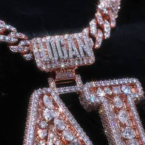 925 Silver Double Letter Pendant Iced Out Blue & Green Baguette-cut Stones Mixed with Full Pavé Diamonds Hip Hop Jewelry - Product Image 3