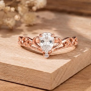 Vintage Filigree Pear Cut Lab Grown Solitaire Engagement <b>Ring</b> 10k 14k 18k Solid Gold IGI Certified Luxury <b>Crown</b> Setting - Product Image 1