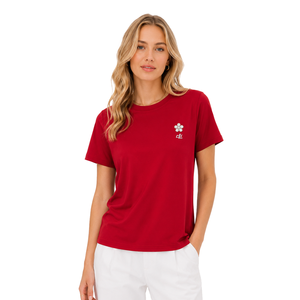 Camiseta de Mujer con Motivo Floral de Pedrería, Color Rojo Brillante, Cuello Redondo, Corte Holgado, 100% Algodón, Estilo Informal, Impresión DTG - Product Image 1
