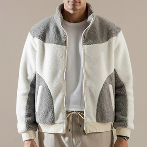 Custom Color block <b>Sherpa</b> Fleece Jacket for Men Teddy Zip-Up Winter Wear Jacket with High Collar Contrast Panels OEM - Product Image 1