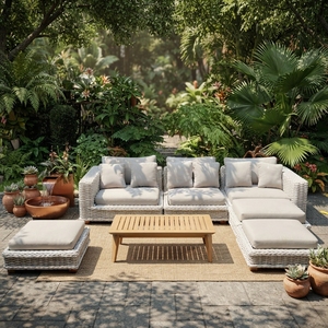 Outdoor White Rattan Woven Sectional Sofa Set Mahogany Wood Frame Wicker Furniture Cushion Ottoman Coffee Table Setup Art - Product Image 5