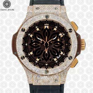 Charm_Jewells Luxury Men's Diamond Bezel Quartz Watch 42mm Round Case Leather Band Analog <b>Chronograph</b> Fashion Design - Product Image 1