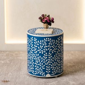 Blue Modern Luxury Floral Accent Stool Round Ottoman Side Table Wooden <b>Storage</b> Cushion <b>Seat</b> for Living Room Bedroom - Product Image 1